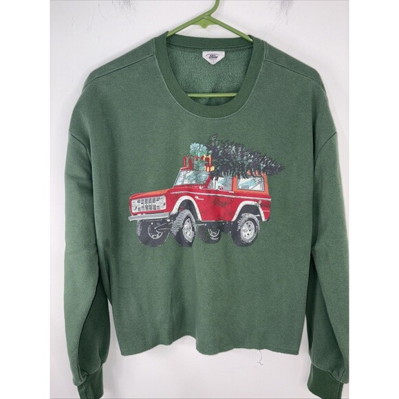 Ford Tops - Ford Bronco Christmas Green Cropped Crewneck Small